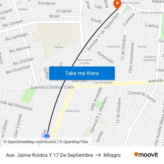 Ave. Jaime Roldos Y 17 De Septiembre to Milagro map