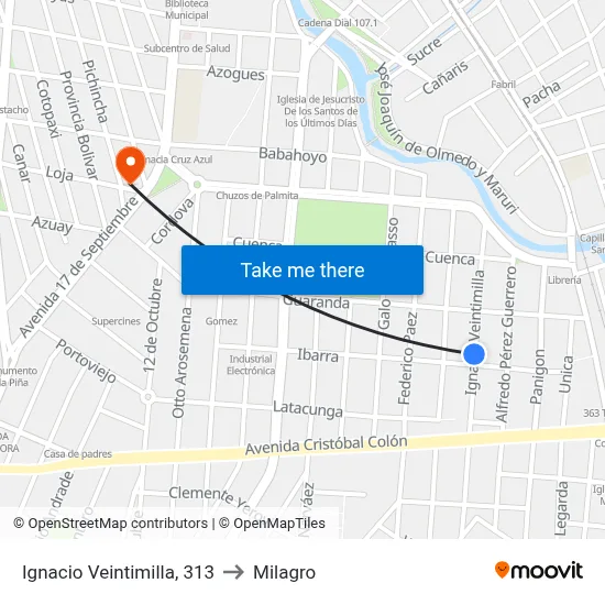 Ignacio Veintimilla, 313 to Milagro map