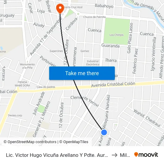 Lic. Victor Hugo Vicuña Arellano Y Pdte. Aurelio Mosquera Narvez to Milagro map