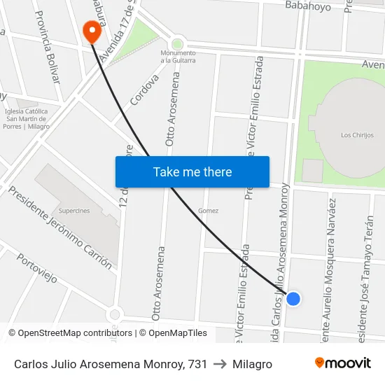 Carlos Julio Arosemena Monroy, 731 to Milagro map