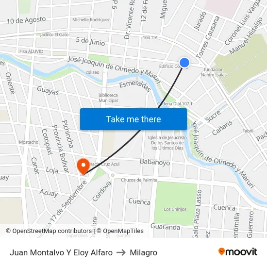 Juan Montalvo Y Eloy Alfaro to Milagro map