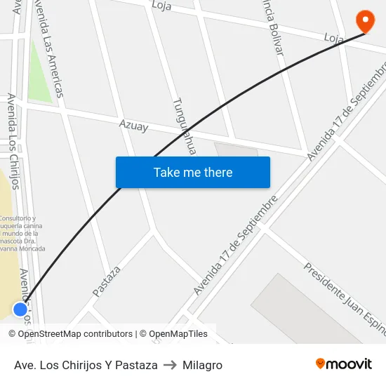 Ave. Los Chirijos Y Pastaza to Milagro map