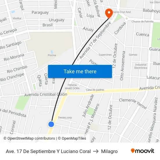 Ave. 17 De Septiembre Y Luciano Coral to Milagro map