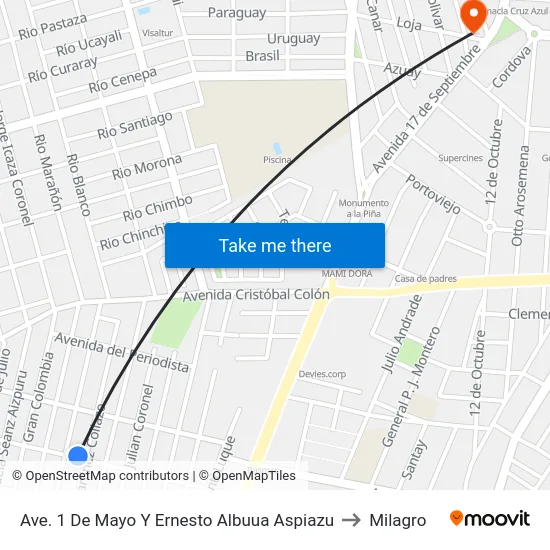 Ave. 1 De Mayo Y Ernesto Albuua Aspiazu to Milagro map