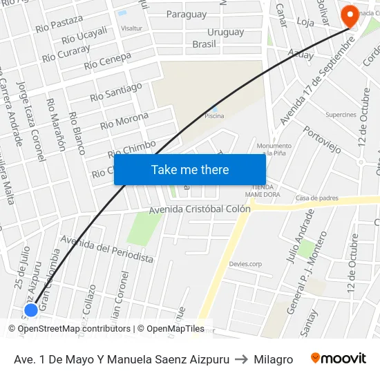 Ave. 1 De Mayo Y Manuela Saenz Aizpuru to Milagro map