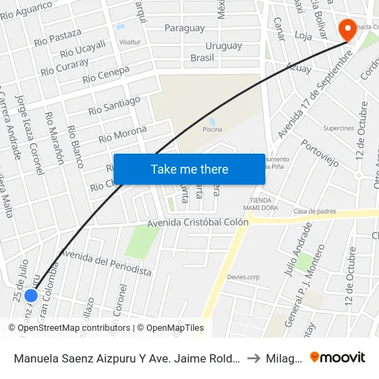 Manuela Saenz Aizpuru Y Ave. Jaime Roldos to Milagro map