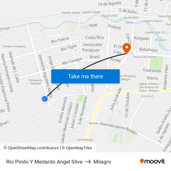 Río Pindo Y Medardo Angel Silva to Milagro map