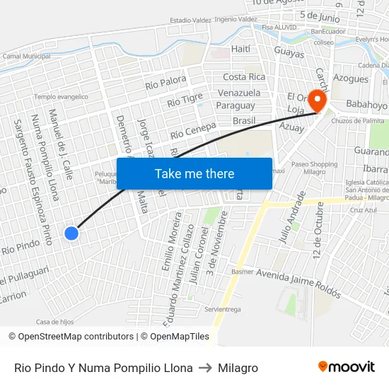 Rio Pindo Y Numa Pompilio Llona to Milagro map