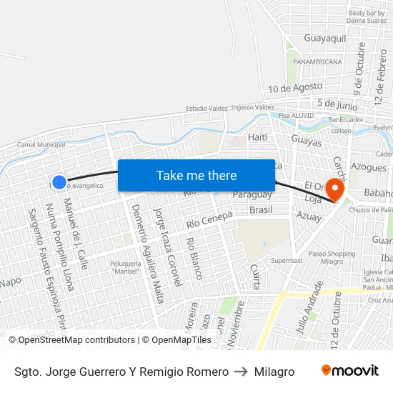 Sgto. Jorge Guerrero Y Remigio Romero to Milagro map