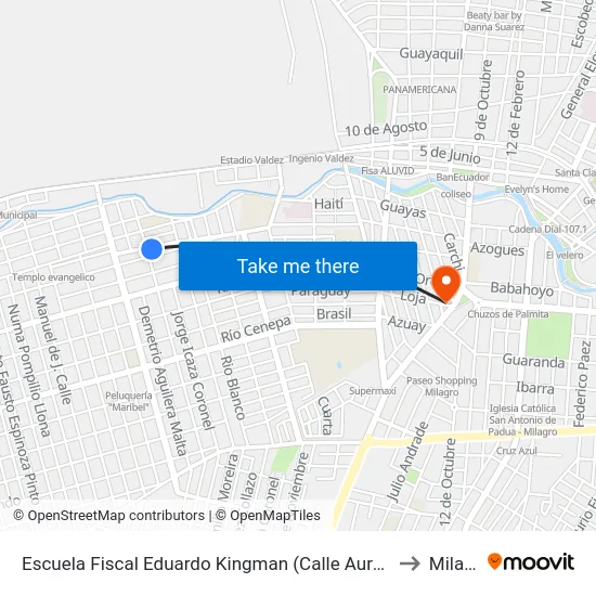 Escuela Fiscal Eduardo Kingman (Calle Aurora Andrade) to Milagro map