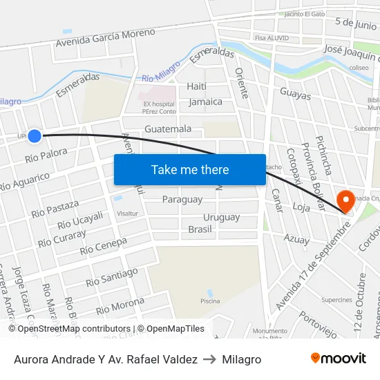 Aurora Andrade Y Av. Rafael Valdez to Milagro map