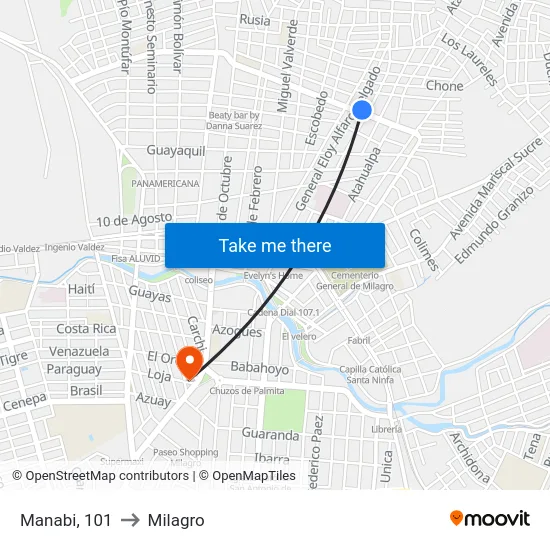 Manabi, 101 to Milagro map