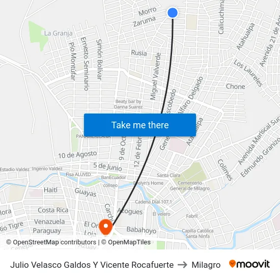 Julio Velasco Galdos Y Vicente Rocafuerte to Milagro map