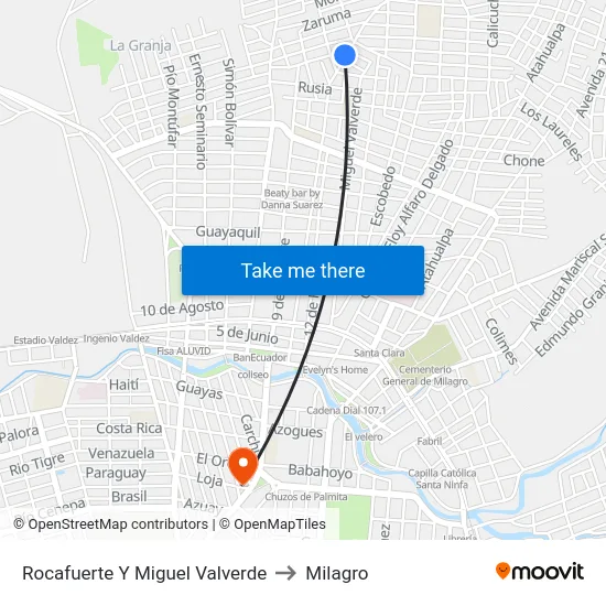 Rocafuerte Y Miguel Valverde to Milagro map