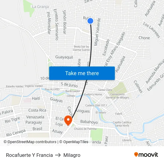 Rocafuerte Y Francia to Milagro map