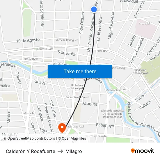 Calderón Y Rocafuerte to Milagro map