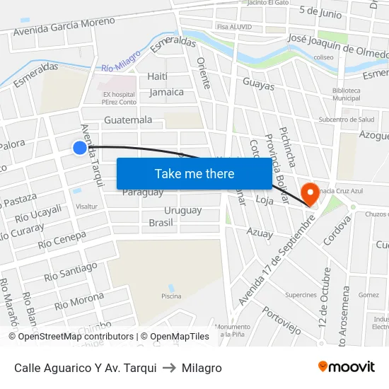Calle Aguarico Y Av. Tarqui to Milagro map