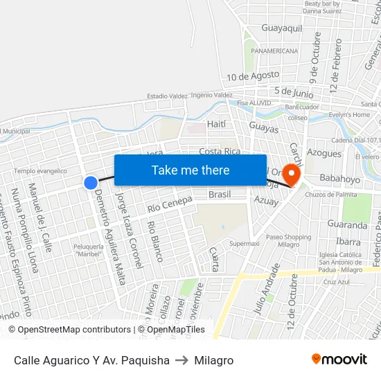 Calle Aguarico Y Av. Paquisha to Milagro map