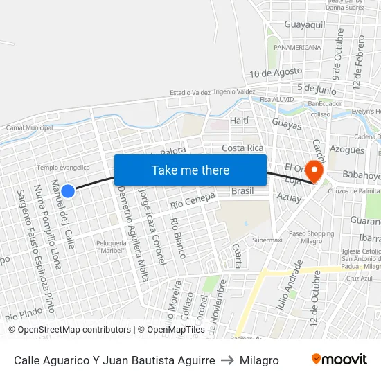 Calle Aguarico Y Juan Bautista Aguirre to Milagro map