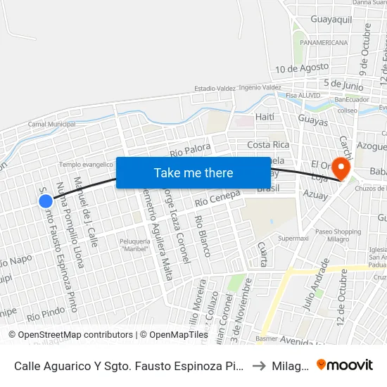 Calle Aguarico Y Sgto. Fausto Espinoza Pinto to Milagro map