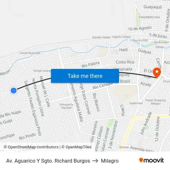 Av. Aguarico Y Sgto. Richard Burgos to Milagro map