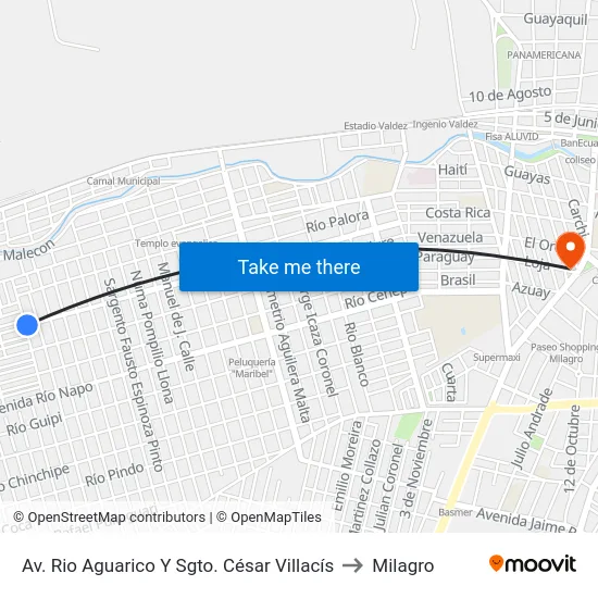 Av. Rio Aguarico Y Sgto. César Villacís to Milagro map