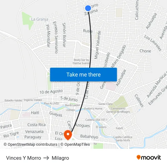 Vinces Y Morro to Milagro map