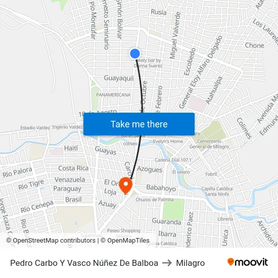 Pedro Carbo Y Vasco Núñez De Balboa to Milagro map