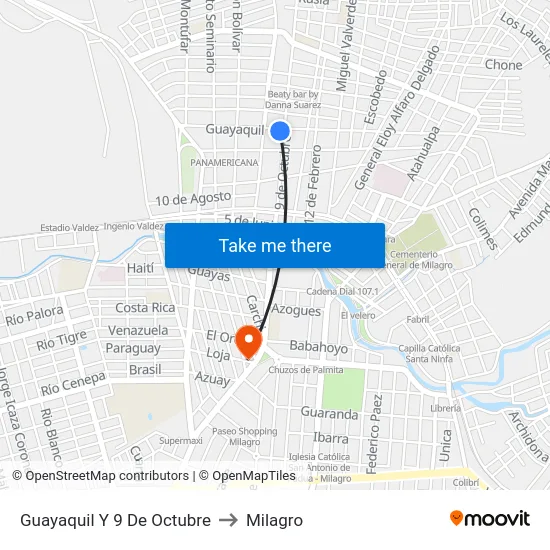 Guayaquil Y 9 De Octubre to Milagro map