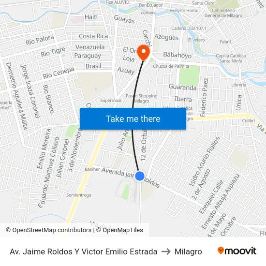 Av. Jaime Roldos Y Victor Emilio Estrada to Milagro map