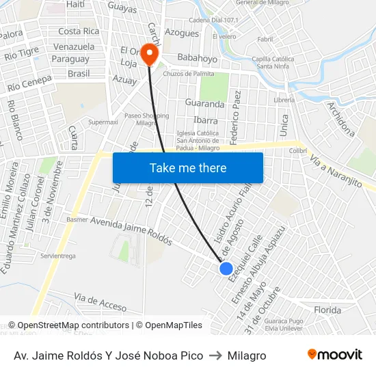 Av. Jaime Roldós Y José Noboa Pico to Milagro map