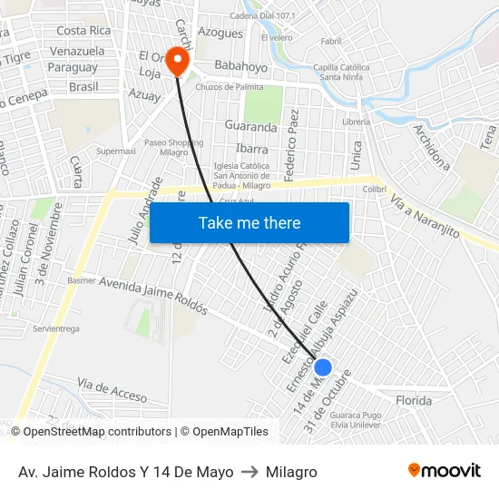 Av. Jaime Roldos Y 14 De Mayo to Milagro map
