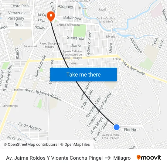 Av. Jaime Roldos Y Vicente Concha Pingel to Milagro map