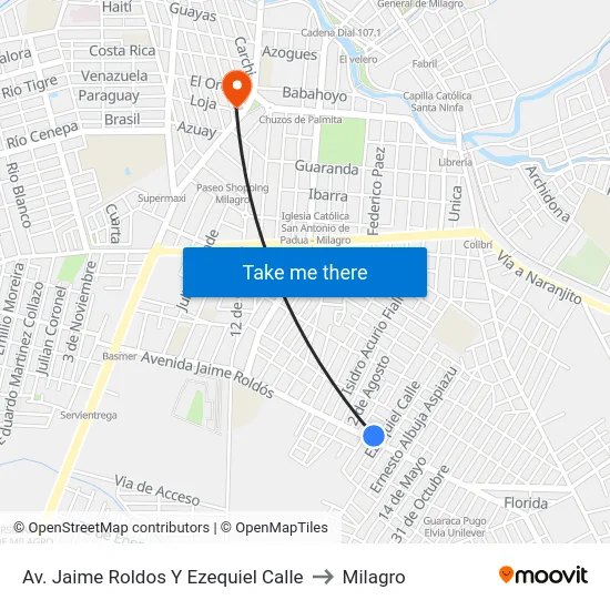Av. Jaime Roldos Y Ezequiel Calle to Milagro map