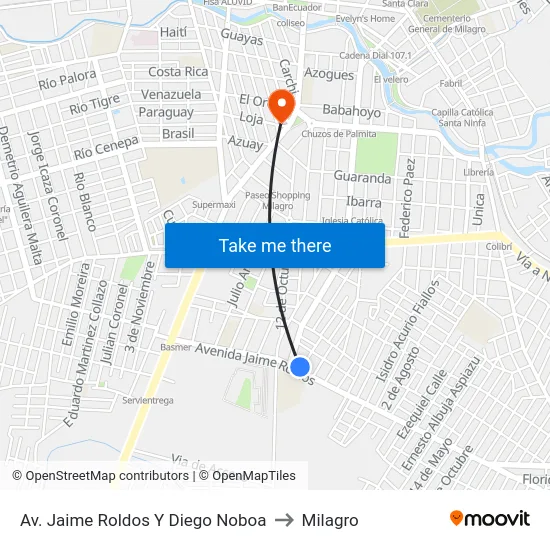 Av. Jaime Roldos Y Diego Noboa to Milagro map