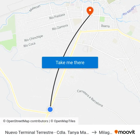 Nuevo Terminal Terrestre - Cdla. Tanya Marlene to Milagro map