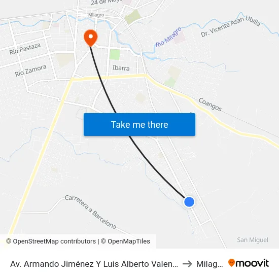 Av. Armando Jiménez Y Luis Alberto Valencia to Milagro map