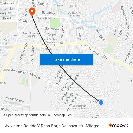 Av. Jaime Roldós Y Rosa Borja De Icaza to Milagro map