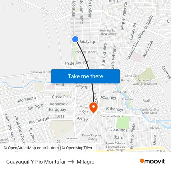 Guayaquil Y Pío Montúfar to Milagro map