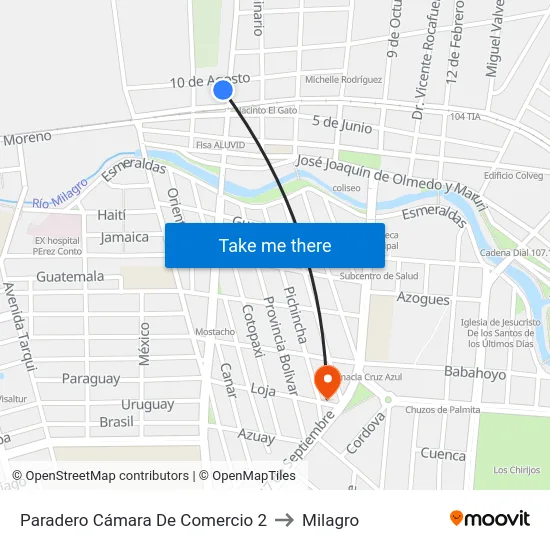 Paradero Cámara De Comercio 2 to Milagro map