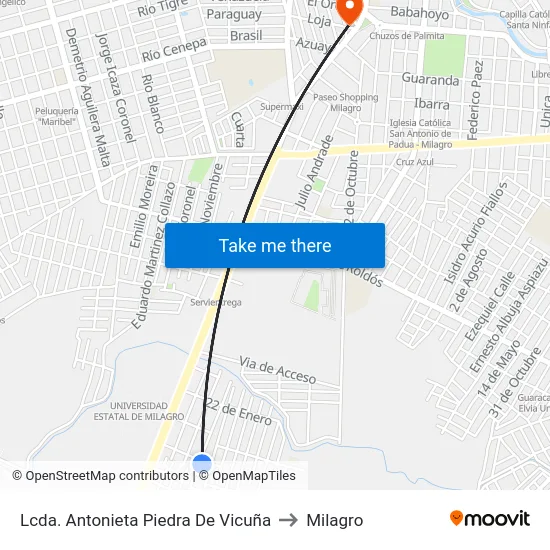 Lcda. Antonieta Piedra De Vicuña to Milagro map