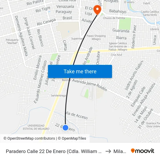 Paradero Calle 22 De Enero (Cdla. William Reyes) to Milagro map