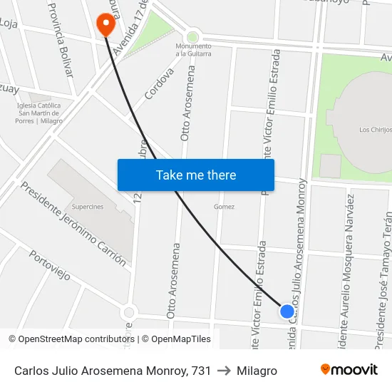 Carlos Julio Arosemena Monroy, 731 to Milagro map