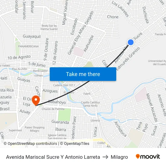 Avenida Mariscal Sucre Y Antonio Larreta to Milagro map