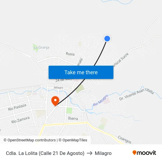 Cdla. La Lolita (Calle 21 De Agosto) to Milagro map