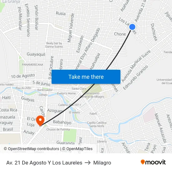 Av. 21 De Agosto Y Los Laureles to Milagro map
