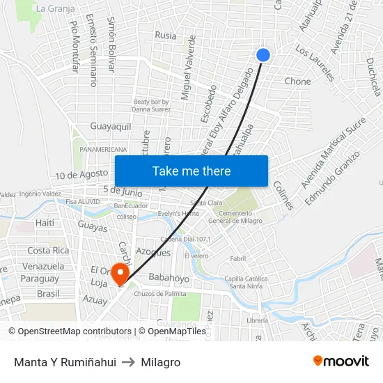 Manta Y Rumiñahui to Milagro map