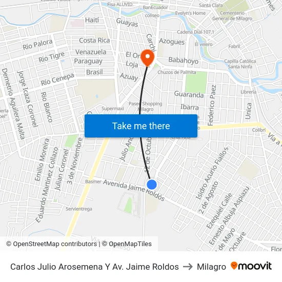 Carlos Julio Arosemena Y Av. Jaime Roldos to Milagro map