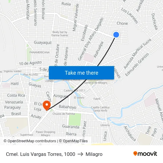 Crnel. Luis Vargas Torres, 1000 to Milagro map