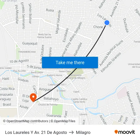 Los Laureles Y Av. 21 De Agosto to Milagro map